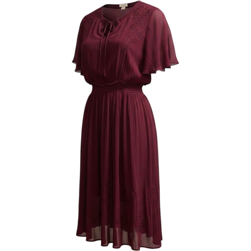 Sundance Arolyn Dress M Maroon Gauzy Pleated Embroidered Lined Midi Boho Hippie